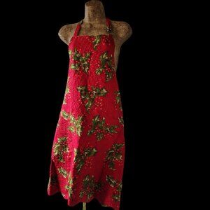 Vtg Reversible Quilted Christmas Apron With Holly & Plaid Design Adjustable Srap